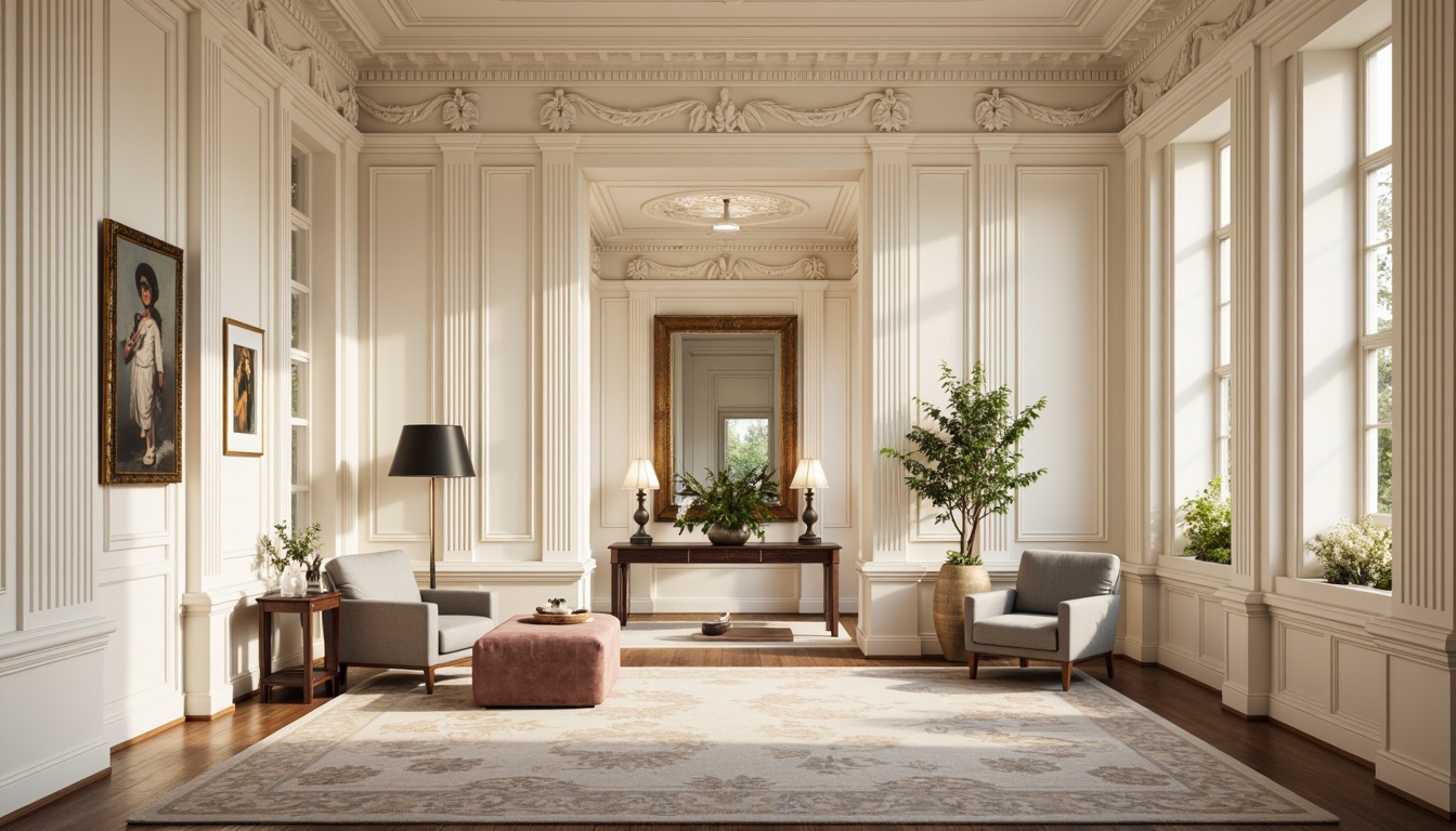 Prompt: Elegant neoclassical interior, ornate molding details, creamy white walls, rich wood accents, gilded frames, luxurious fabrics, subtle patterns, refined furniture silhouettes, subtle curves, soft warm lighting, shallow depth of field, 3/4 composition, panoramic view, realistic textures, ambient occlusion.