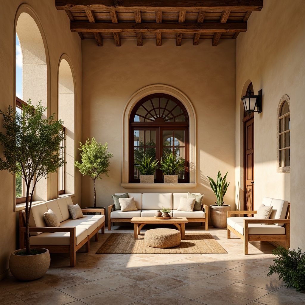 Prompt: Warm beige walls, natural stone flooring, wooden accents, distressed leather furniture, ornate metalwork, elegant archways, soft cream-colored upholstery, rustic wooden benches, decorative ceramic tiles, potted olive trees, warm golden lighting, shallow depth of field, 1/1 composition, realistic textures, ambient occlusion.