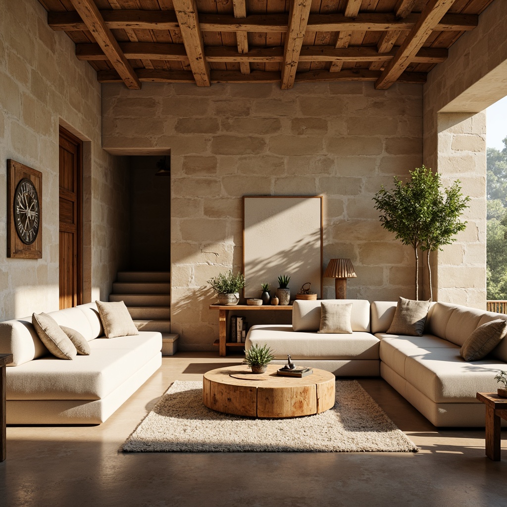 Prompt: Rustic modern living room, textured stone walls, warm beige colors, cozy atmosphere, wooden accents, soft cushions, natural fabrics, earthy tones, ambient lighting, shallow depth of field, 1/1 composition, realistic textures, subtle shadows, morning light, warm sunbeams, inviting space, comfortable seating area.