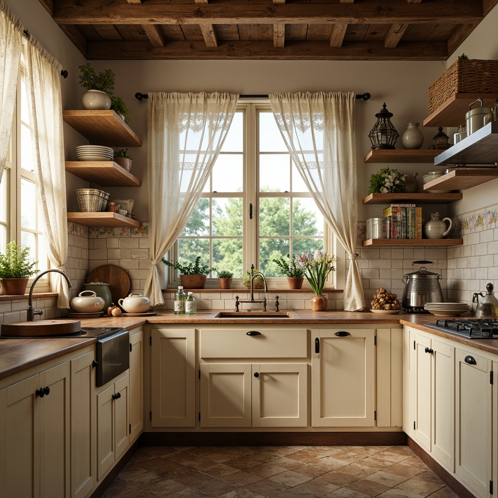 Prompt: Rustic kitchen, distressed wood cabinets, soft creamy hues, vintage metalware, ornate ceramic tiles, lace curtains, flower-patterned wallpaper, antique bronze hardware, woven wicker baskets, distressed wooden shelves, classic porcelain sinks, ornate metal lanterns, soft warm lighting, shallow depth of field, 1/1 composition, realistic textures, ambient occlusion.