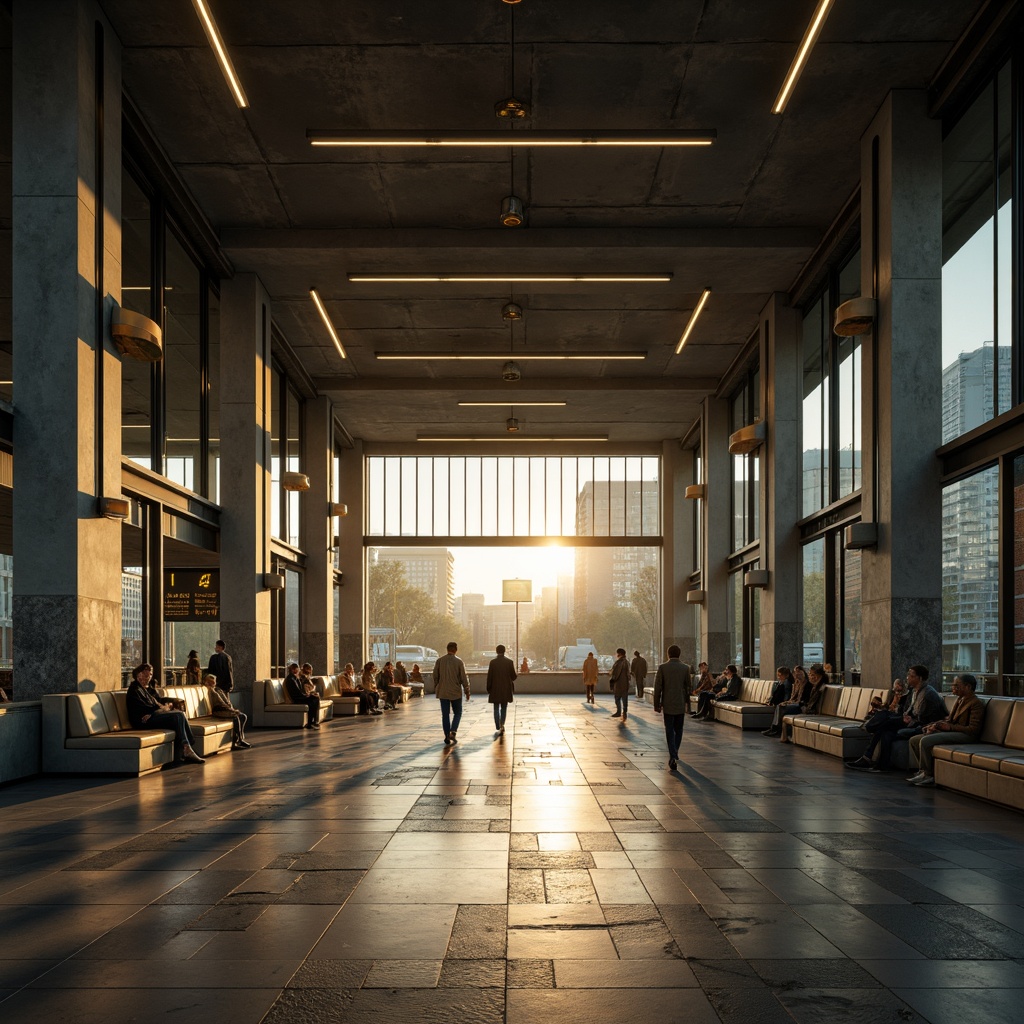 Prompt: Raw concrete platforms, industrial-style lighting fixtures, exposed ductwork, rugged metal beams, brutalist architecture, high-ceilinged waiting areas, urban cityscape views, busy commuter crowds, dynamic shadows, dramatic spotlights, warm yellow tones, neon signs, retro-futuristic vibes, minimalist benches, cold grey floors, geometric shapes, symmetrical compositions, low-angle photography, harsh overhead lighting, atmospheric fog effects.