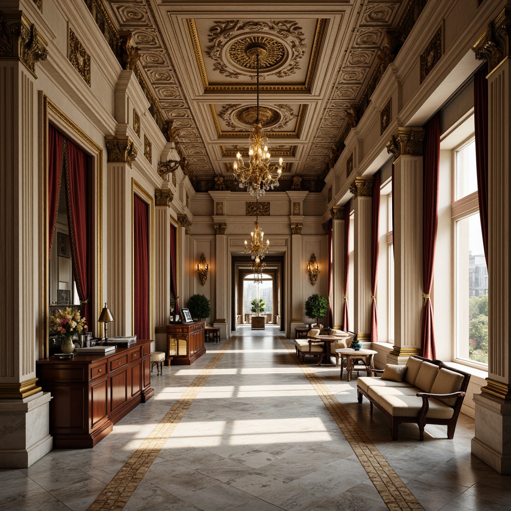 Prompt: Elegant neoclassical architecture, ornate stone carvings, intricately patterned marble floors, grandiose columns, ornamental moldings, gilded details, lavish chandeliers, rich velvet drapes, polished wooden furniture, antique bronze fixtures, soft warm lighting, shallow depth of field, 3/4 composition, panoramic view, realistic textures, ambient occlusion.