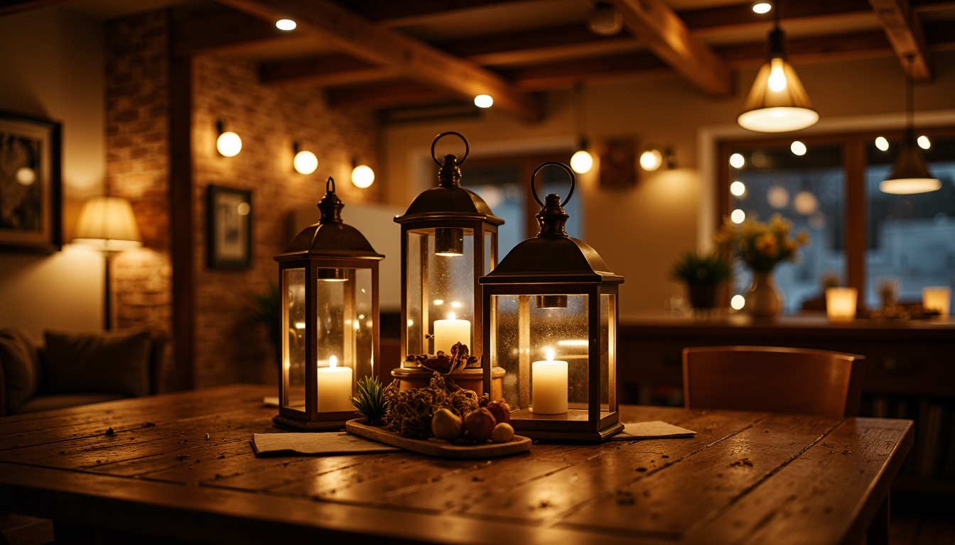 Prompt: Cozy ambiance, warm golden lighting, rustic metal lanterns, candle-like fixtures, soft glow, intimate setting, dimmable options, layered lighting, ceiling-mounted fixtures, pendant lights, exposed brick walls, wooden accents, natural textiles, earthy color palette, relaxed atmosphere, morning light, gentle shadows, 1/2 composition, warm color temperature, realistic rendering.