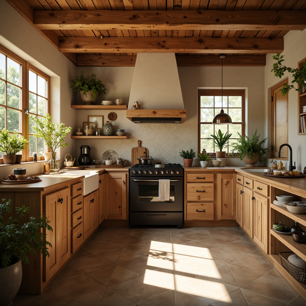 Prompt: Warm kitchen ambiance, rustic wooden cabinets, earthy tone countertops, matte black appliances, soft cream-colored walls, warm beige flooring, cozy pendant lighting, natural stone backsplash, vibrant greenery, sunny morning light, shallow depth of field, 1/2 composition, realistic textures, ambient occlusion.