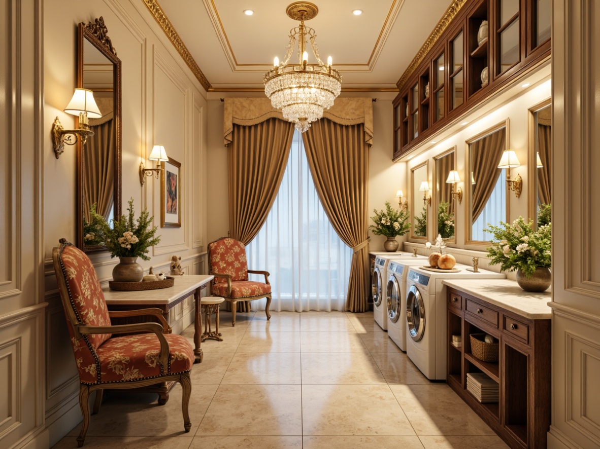 Prompt: Elegant laundry room, ornate gold accents, soft cream walls, lavish chandeliers, crystal droplets, delicate flower patterns, velvet drapes, antique wooden cabinets, intricate carvings, marble countertops, ornamental mirrors, warm beige flooring, rich fabrics, luxurious textures, dramatic cove lighting, sparkling crystal sconces, gilded metal fixtures, Rococo-inspired decorative elements, lavish furnishings, opulent ambiance, soft warm glow, 1/2 composition, shallow depth of field, realistic reflections.