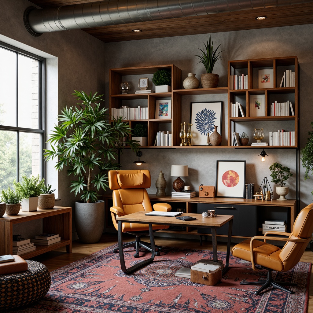 Prompt: Eclectic home office, postmodernist furniture design, bold colorful accents, mixed patterns, vintage decorative pieces, ornate wooden desk, ergonomic chair, futuristic lamp fixtures, abstract art pieces, industrial metal shelving, rustic stone walls, warm cozy lighting, shallow depth of field, 1/1 composition, realistic textures, ambient occlusion.