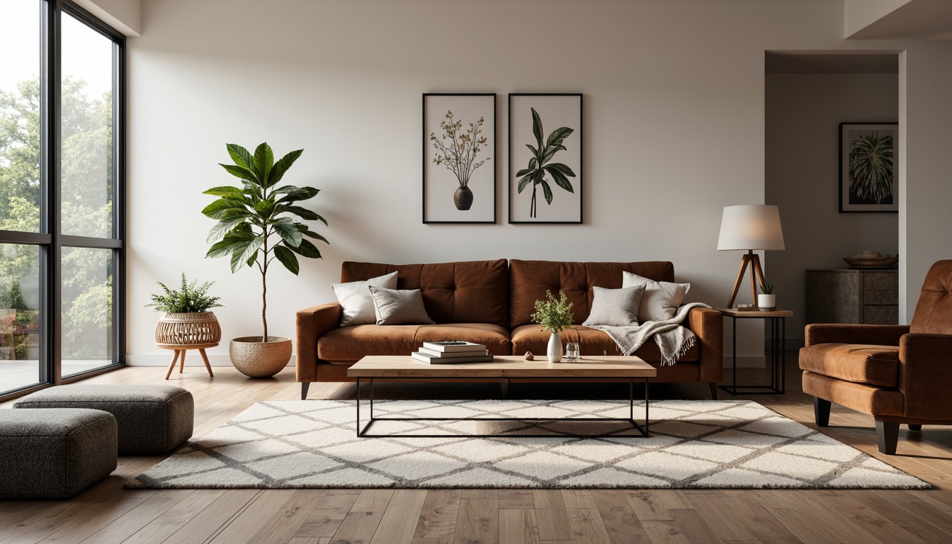 Prompt: Modern minimalist living room, sleek low-profile sofa, tufted velvet upholstery, reclaimed wood coffee table, metal hairpin legs, geometric patterned rug, floor-to-ceiling windows, natural light, soft warm ambiance, Scandinavian-inspired decor, functional storage ottomans, ergonomic accent chairs, luxurious throw blankets, ambient lighting, 3/4 composition, shallow depth of field, realistic textures, subtle color palette.