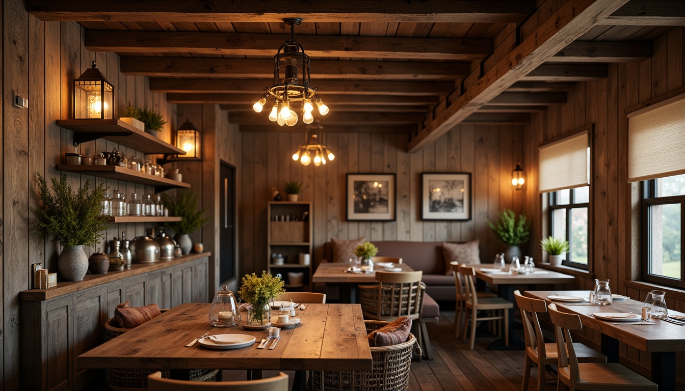 Prompt: Rustic farmhouse interior, vintage metal lanterns, distressed wood accents, warm candlelight, pendant lamps with mason jars, industrial-style chandeliers, wrought iron fixtures, Edison bulb pendants, natural linen shades, wooden beam ceilings, reclaimed barnwood walls, earthy color palette, cozy ambient lighting, soft warm glow, rustic metal straps, farmhouse-chic decor, country-inspired accessories.