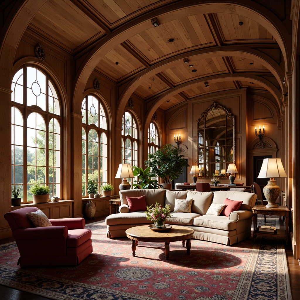 Prompt: Elegant family room, ornate wooden paneling, curved lines, flowing organic forms, luxurious velvet sofas, intricate carvings, stained glass windows, warm golden lighting, richly patterned rugs, antique furnishings, ornamental mirrors, lavish fabrics, soft pastel colors, subtle texture blending, shallow depth of field, 1/1 composition, realistic render, atmospheric ambiance.