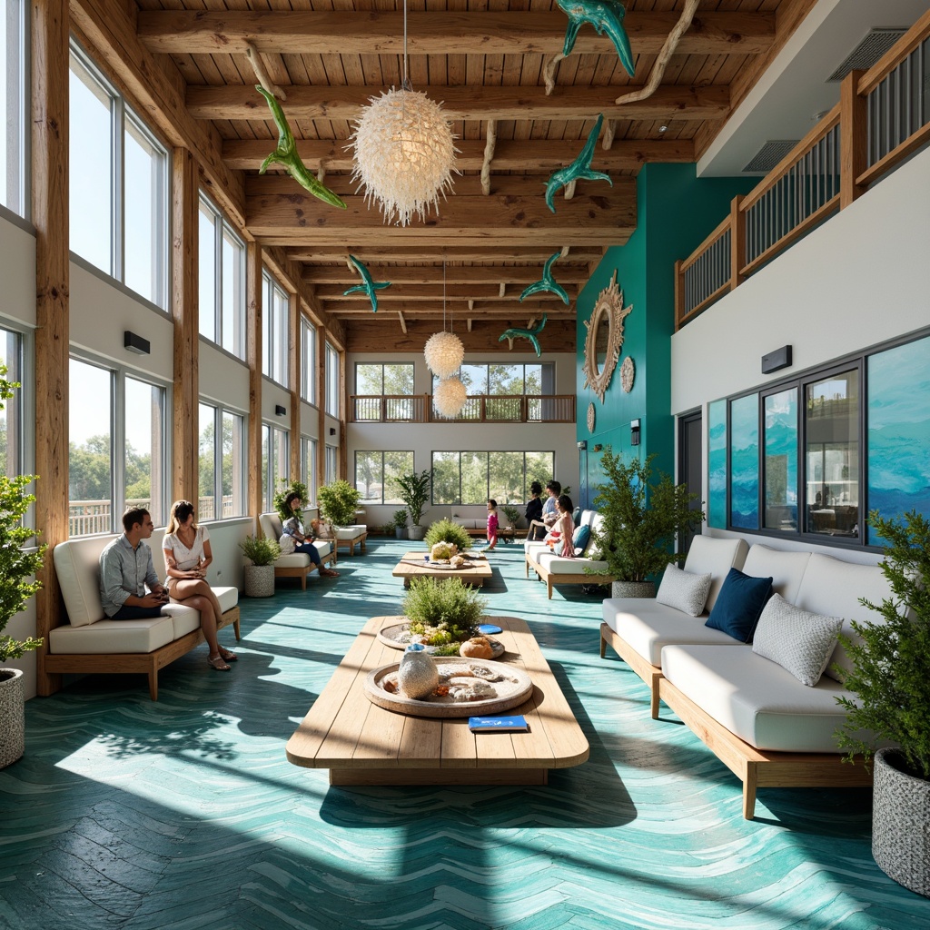 Prompt: Vibrant community center, ocean-inspired decor, wave-patterned flooring, aqua-blue accent walls, nautical rope details, driftwood furniture, coral-reef inspired light fixtures, sea-glass chandeliers, fish-scale textured ceramics, seaweed-greenery installations, beachy wooden benches, surfboard-shaped tables, salty-air ambiance, soft ocean-breeze lighting, shallow depth of field, 1/1 composition, realistic textures, ambient occlusion.