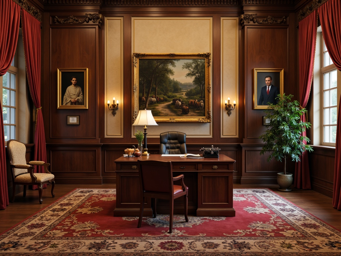 Prompt: Mahogany wood desk, leather office chair, ornate gold frame, classic oil paintings, rich velvet drapes, carved wooden panels, vintage typewriter, elegant glass vases, intricately patterned rugs, warm beige walls, softbox lighting, subtle shadows, 1/1 composition, shallow depth of field, realistic textures, ambient occlusion.