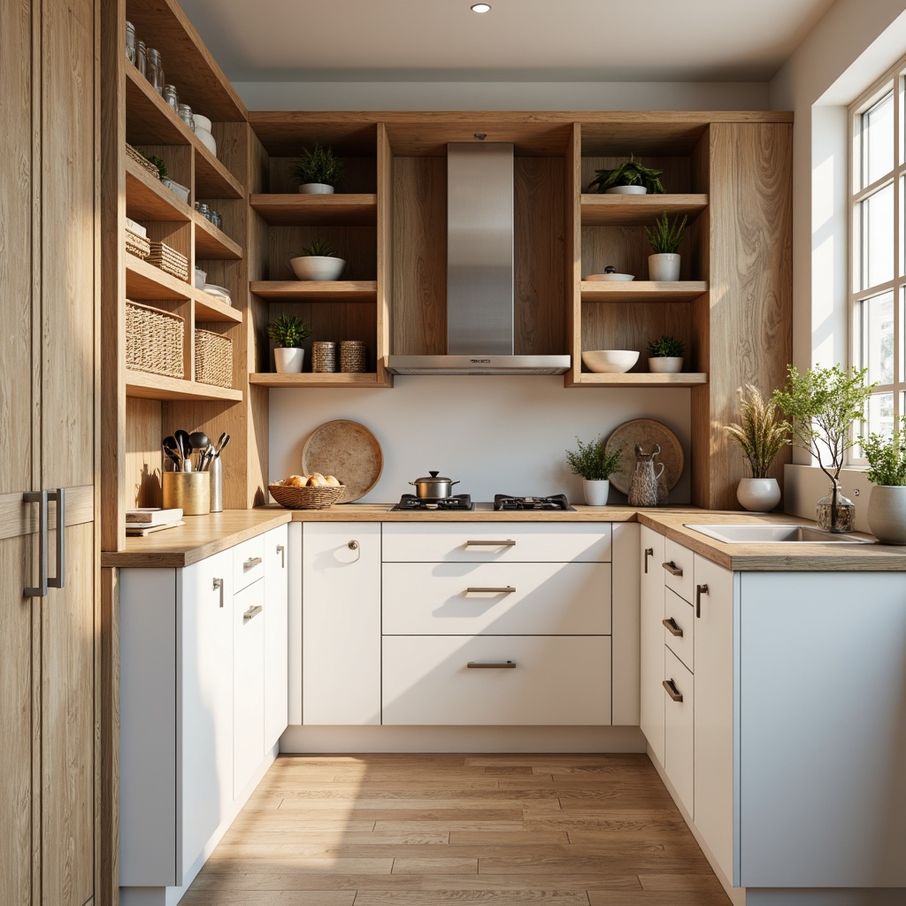 Prompt: Light-filled Scandinavian pantry, warm wooden accents, minimalist shelves, sleek metal handles, matte white cabinets, soft-close drawers, clever storage solutions, modular design, adjustable compartments, hidden utensil holders, decorative ceramic jars, woven baskets, natural stone countertops, subtle ambient lighting, shallow depth of field, 1/1 composition, realistic textures, ambient occlusion.