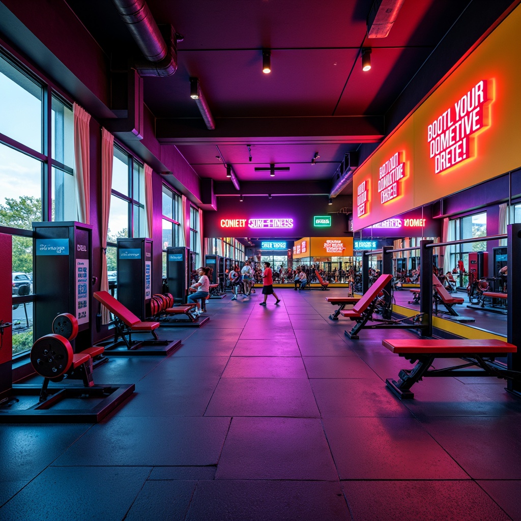 Prompt: Vibrant home gym, bold color scheme, energetic atmosphere, neon signs, motivational quotes, modern fitness equipment, sleek metal frames, rubber flooring, mirrored walls, high ceilings, natural light pouring in, warm tone lighting, shallow depth of field, 1/1 composition, realistic textures, ambient occlusion.