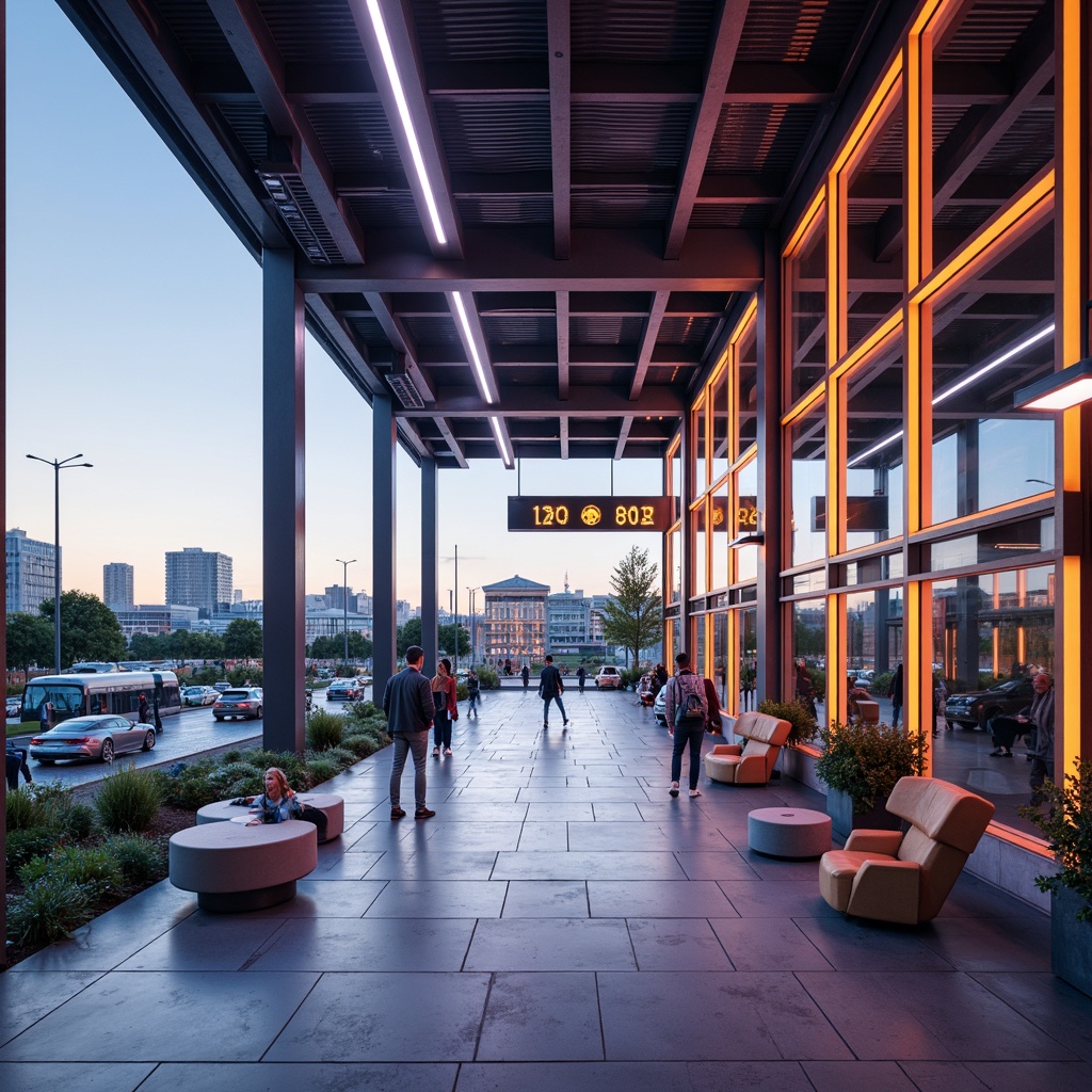 Prompt: Vibrant bus station interior, modern architecture, sleek metal columns, polished concrete floors, bright LED lighting, bold color accents, dynamic angular lines, futuristic furniture designs, comfortable seating areas, urban cityscape views, bustling atmosphere, morning rush hour, soft natural light, 1/1 composition, shallow depth of field, realistic textures, ambient occlusion.