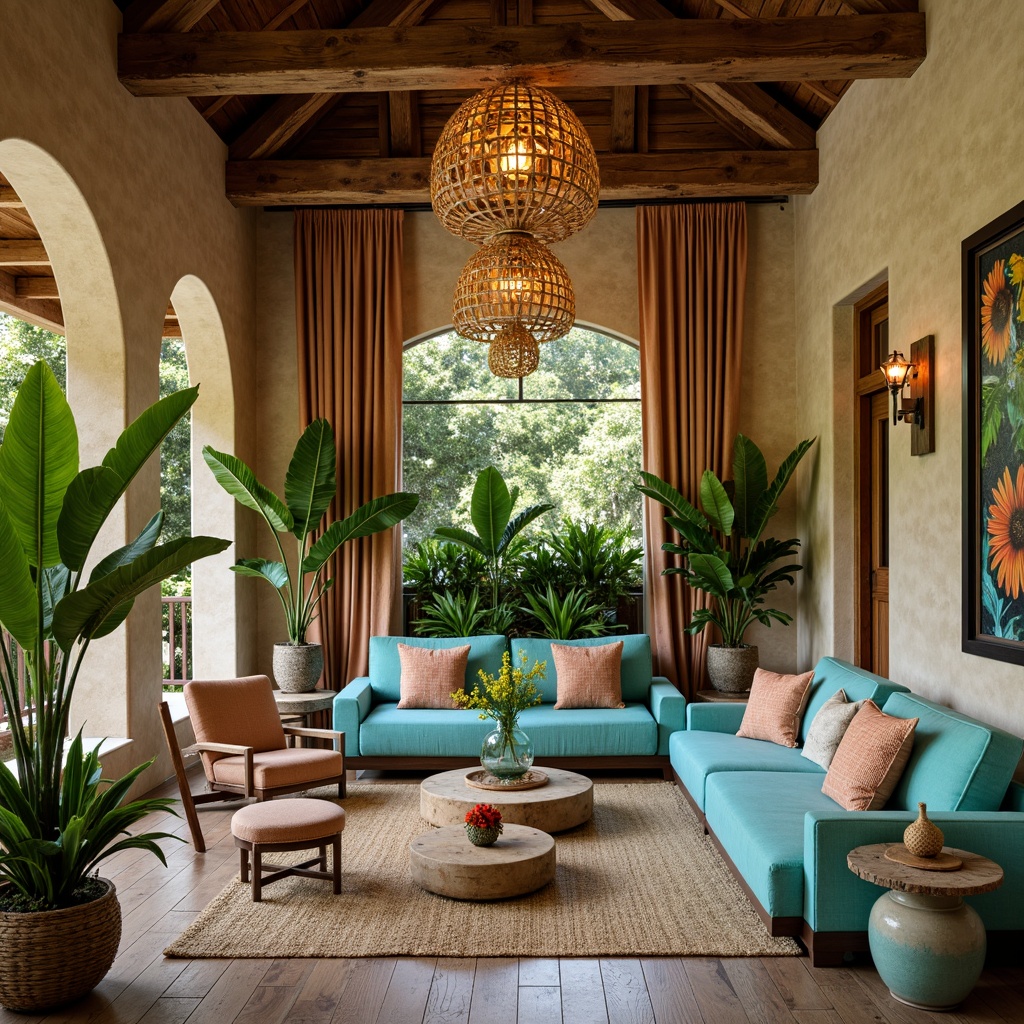 Prompt: Vibrant tropical interior, lush greenery, exotic wood accents, warm sandy beige walls, rich turquoise furniture, coral-inspired decorative accessories, natural linen textiles, woven rattan lighting fixtures, distressed wood flooring, ocean-blue glass vases, sun-kissed warm lighting, shallow depth of field, 1/2 composition, realistic textures, ambient occlusion.