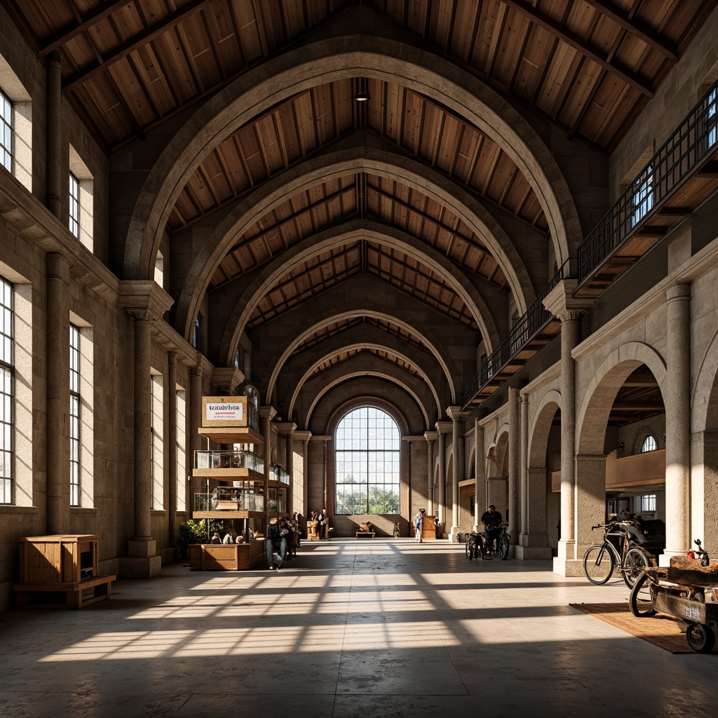 Prompt: Grand warehouse interior, neoclassical style, ornate columns, rustic stone walls, high ceilings, elegant archways, industrial metal beams, polished concrete floors, vintage wooden crates, antique machinery displays, warm soft lighting, dramatic shadows, 3/4 composition, symmetrical framing, realistic textures, ambient occlusion.