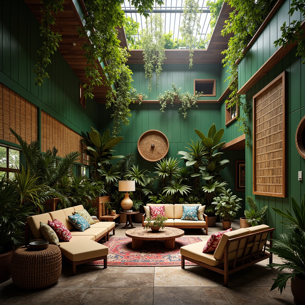 Prompt: Exotic zoo interior, lush green walls, tropical plants, wooden accents, natural stone flooring, earthy tones, organic textures, jungle-inspired patterns, vibrant colorful fabrics, eclectic furniture pieces, woven bamboo details, reclaimed wood features, hanging vines, misty atmosphere, soft warm lighting, 1/2 composition, realistic animal props, ambient occlusion.