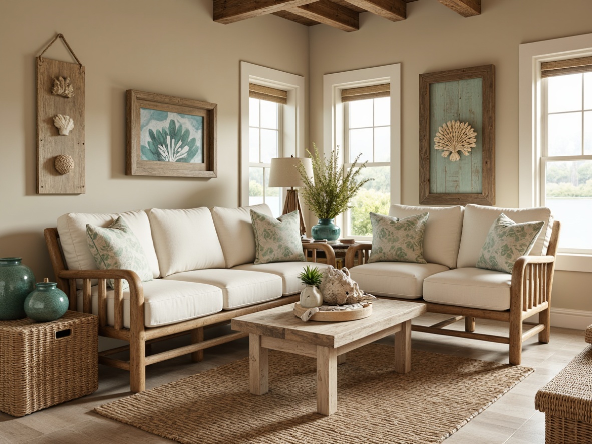 Prompt: Driftwood furniture, sea-salt weathered wood tones, crisp white cotton upholstery, natural fiber rugs, woven wicker chairs, nautical ropes, ocean-inspired accents, shell-adorned decorative pieces, sandy beige walls, soft blue-green glass vases, coral-patterned throw pillows, distressed wooden signs, warm golden lighting, shallow depth of field, 1/1 composition, realistic textures, ambient occlusion.