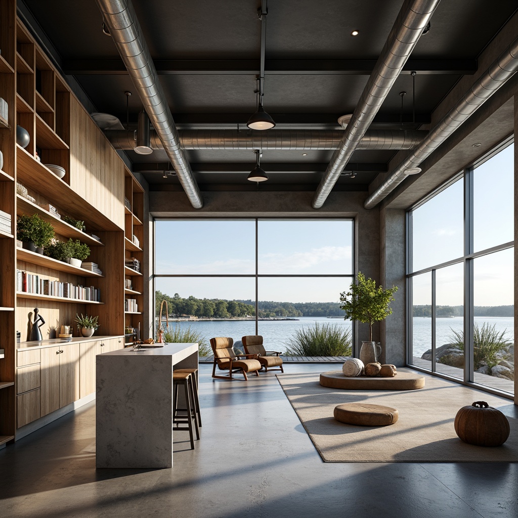 Prompt: Waterfront boathouse, industrial chic, exposed ductwork, polished concrete floors, floor-to-ceiling windows, minimalist decor, nautical accents, reclaimed wood walls, steel beams, open kitchen island, high-gloss cabinetry, pendant lighting, cozy reading nooks, panoramic lake views, natural light flooding, shallow depth of field, 3/4 composition, realistic textures, ambient occlusion.