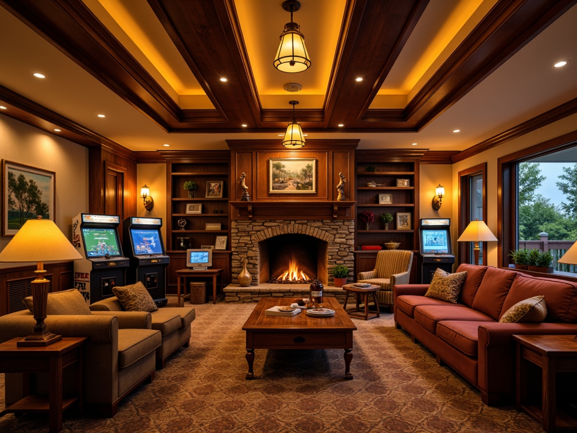 Prompt: Cozy game room, warm traditional decor, rich wood tones, comfortable seating, vintage arcade machines, nostalgic console games, warm golden lighting, table lamps, floor lamps, pendant lights, softbox lighting, warm color temperature, 1/1 composition, shallow depth of field, realistic textures, ambient occlusion, classic wooden paneling, plush carpets, warm beige walls, rustic stone fireplace, comfortable couches, wooden coffee tables, decorative vintage items.