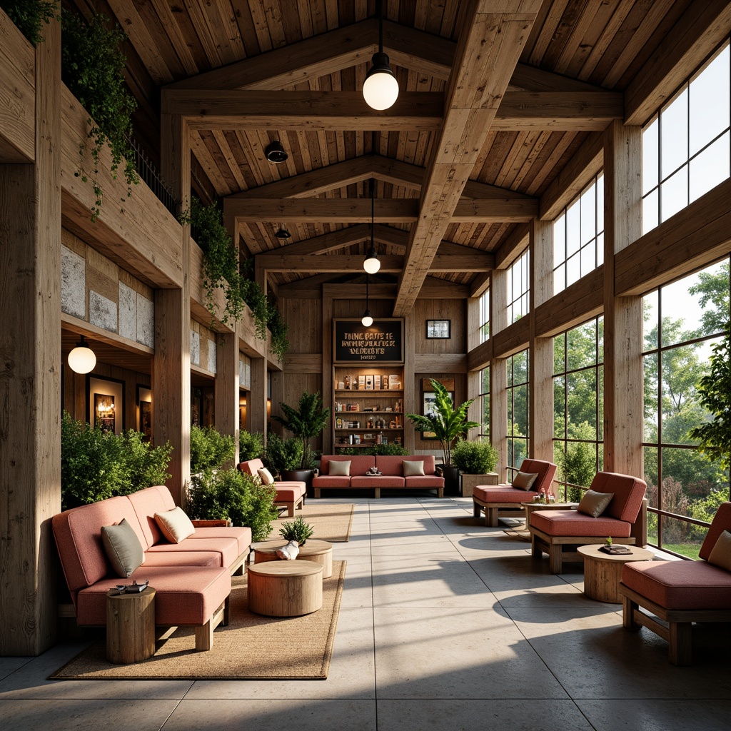 Prompt: Rustic youth center, farmhouse style, reclaimed wood accents, vintage metal decorations, cozy reading nooks, plush sofas, wooden benches, natural stone floors, earthy tone color scheme, abundant greenery, pendant lanterns, soft warm lighting, shallow depth of field, 3/4 composition, panoramic view, realistic textures, ambient occlusion.