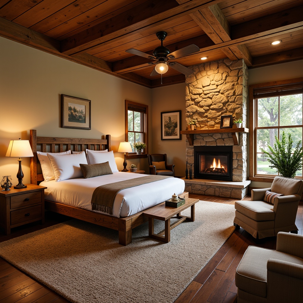 Prompt: Cozy craftsman bedroom, warm wood tones, rustic furniture, plush area rug, natural stone fireplace, wooden beam ceiling, earthy color palette, soft warm lighting, table lamps with linen shades, wrought iron chandeliers, bronze sconces, pendant lights with seeded glass, frosted glass pendant lights, wooden lanterns, candlestick lamp bases, distressed wood finishes, vintage metal accents, warm beige walls, rich brown furniture, natural textiles, organic patterns, relaxed atmosphere, shallow depth of field, 1/1 composition.