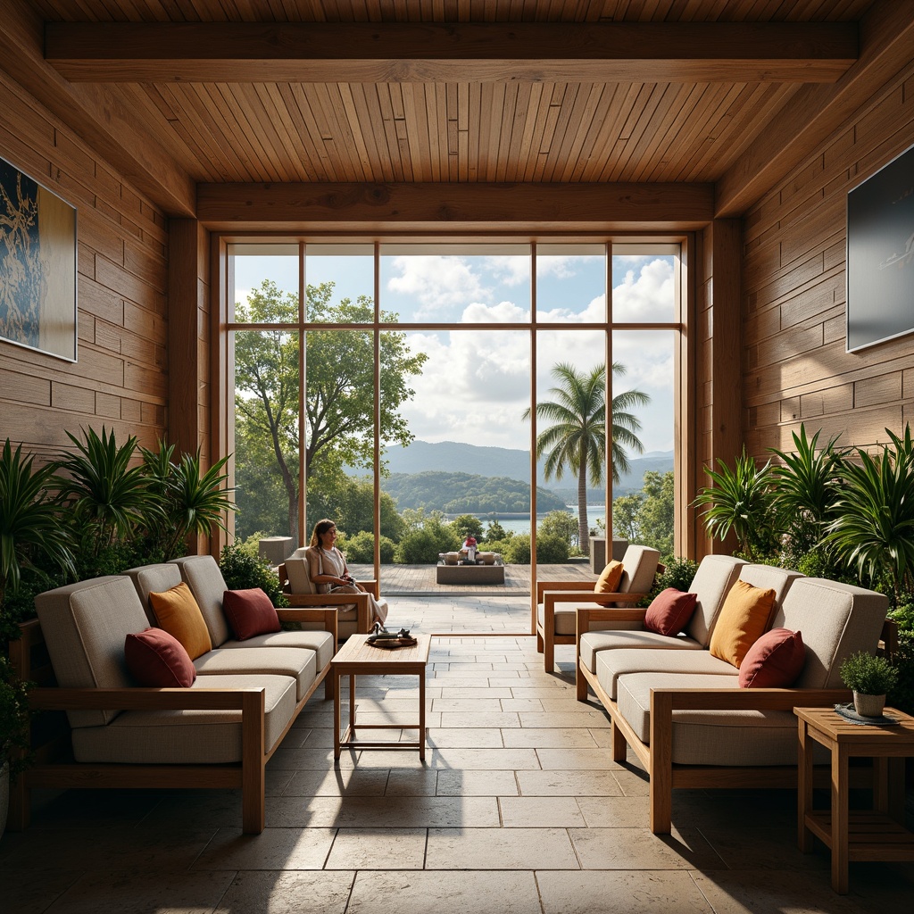 Prompt: Cozy waiting lounge, plush couches, soft cushions, wooden accents, warm lighting, natural stone floors, large windows, scenic views, tropical plants, modern architecture, minimalist decor, calm ambiance, soft background music, comfortable temperature, gentle breeze, shallow depth of field, 1/2 composition, realistic textures, ambient occlusion.