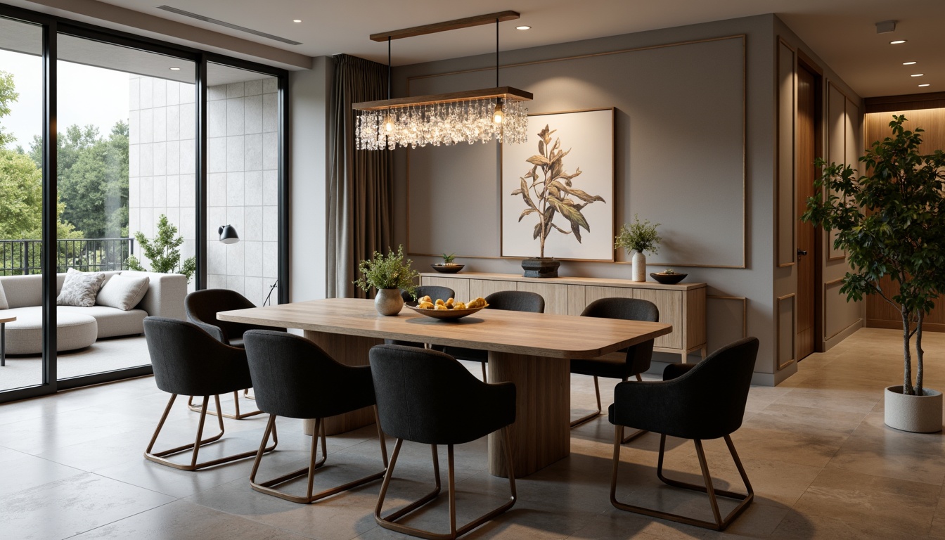 Prompt: Modern dining room, sleek wooden table, elegant chairs, luxurious velvet upholstery, metallic legs, crystal chandelier, pendant lights, floor-to-ceiling windows, natural stone flooring, minimalist decor, abstract artwork, geometric patterns, warm ambient lighting, soft focus, shallow depth of field, 3/4 composition, realistic textures, ambient occlusion.