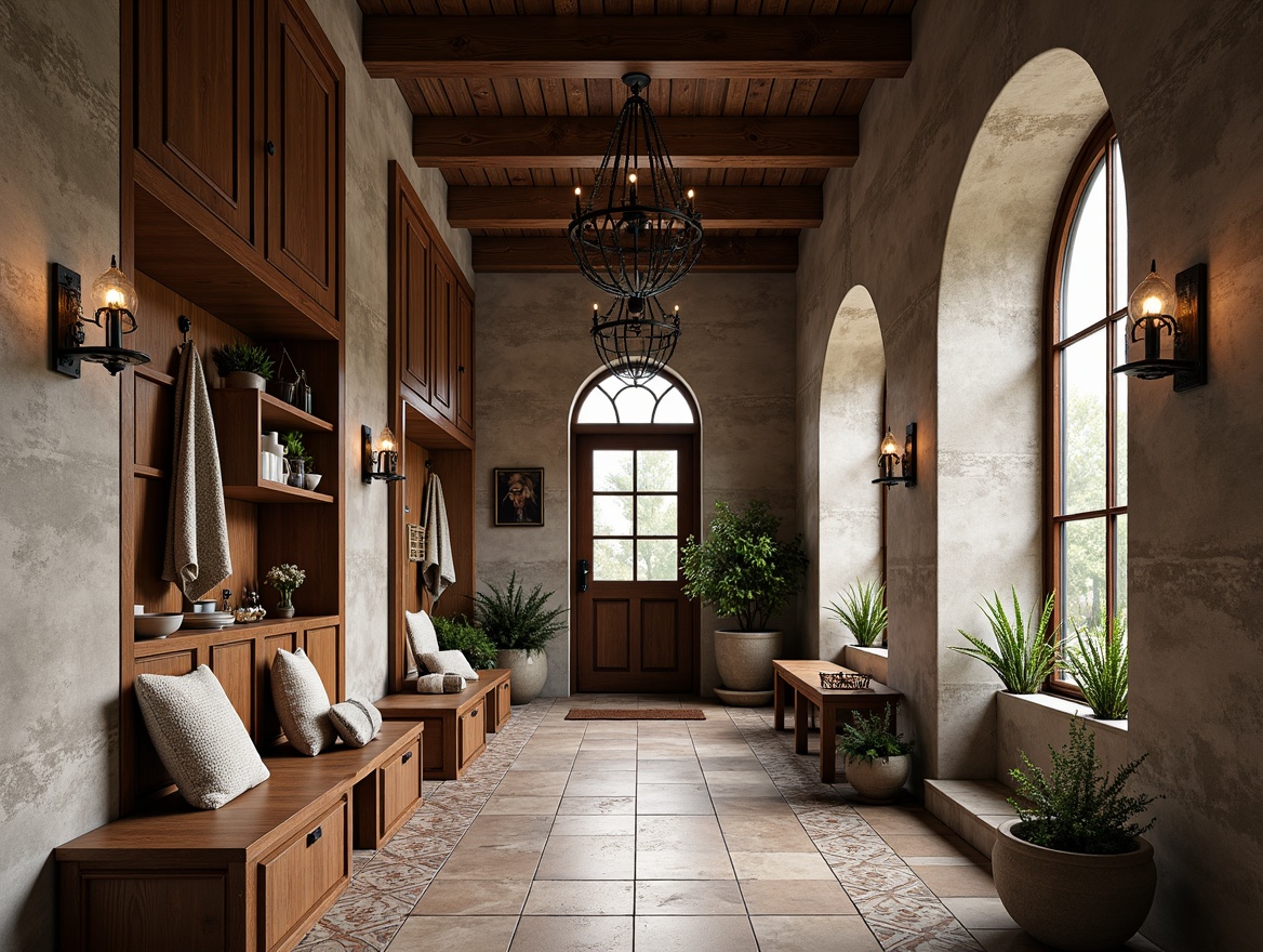 Prompt: Rustic mudroom, Renaissance-style ornate carvings, rich walnut wood accents, vintage metal lanterns, distressed stone walls, earthy tone color palette, natural fiber textiles, antique wooden benches, decorative ceramic tiles, ornate metal hooks, grand chandelier, dramatic high ceilings, large arched windows, soft warm lighting, shallow depth of field, 3/4 composition, realistic textures, ambient occlusion.