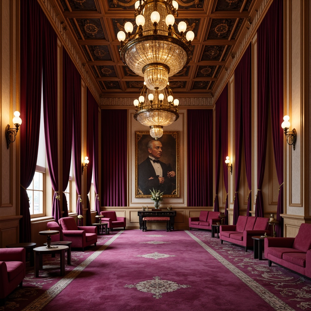 Prompt: Rich plum hues, luxurious velvet fabrics, ornate golden accents, lavish drapery, opulent chandeliers, grandiose architecture, Baroque-inspired patterns, intricate molding details, warm beige backgrounds, soft candlelight, dramatic shadows, 1/1 composition, shallow depth of field, realistic textures, ambient occlusion.