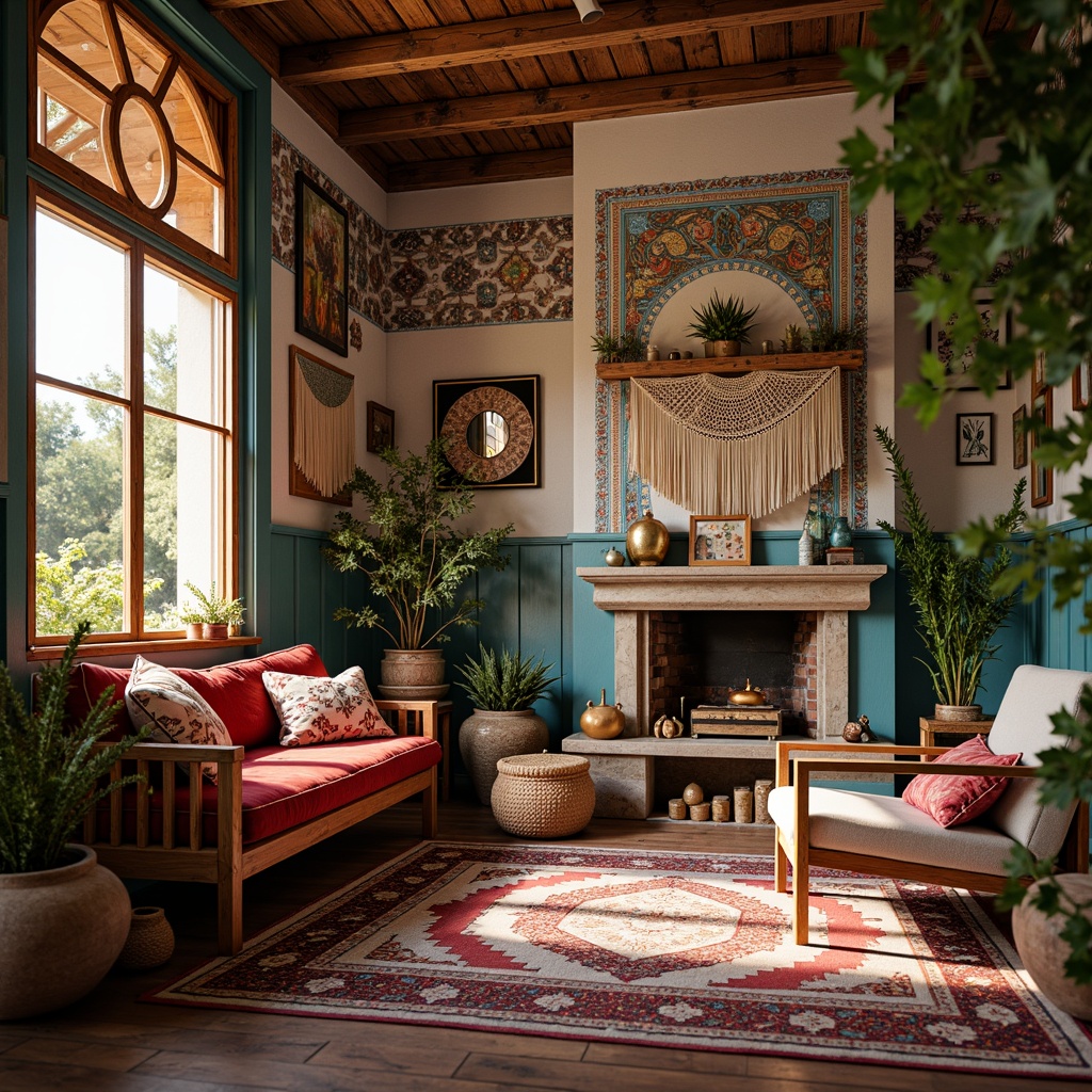 Prompt: Vibrant bohemian space, eclectic mix of patterns, bold bright colors, contrasting textures, distressed wood furniture, plush velvet upholstery, antique decorative items, Moroccan-inspired tiles, macrame wall hangings, lush greenery, natural light pouring in, warm cozy atmosphere, shallow depth of field, 1/2 composition, soft warm lighting, realistic render.