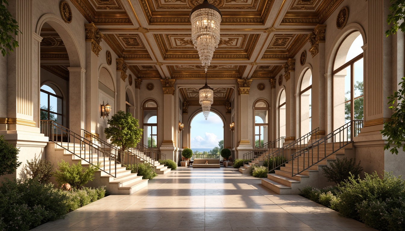 Prompt: Grand pavilion, ornate columns, intricately carved capitals, decorative arches, classical pediments, ornamental moldings, lavish gilding, luxurious marble flooring, elegant staircases, sweeping balconies, grand chandeliers, crystal droplets, soft warm lighting, shallow depth of field, 1/1 composition, symmetrical view, realistic textures, ambient occlusion, natural stone walls, lush greenery, blooming flowers, serene atmosphere.