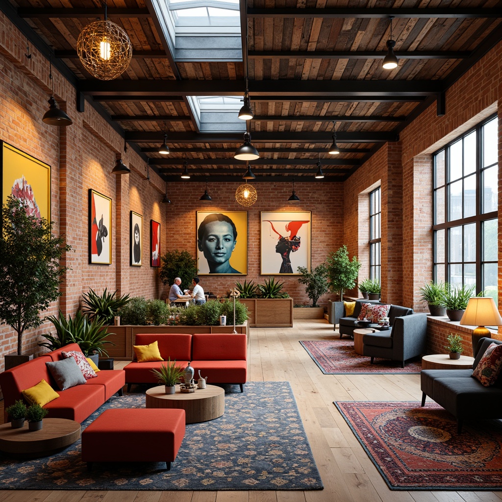 Prompt: Vibrant eclectic office, exposed brick walls, reclaimed wood accents, industrial metal beams, colorful artwork, unique decorative fixtures, pendant lamps, sputnik chandeliers, table lamps, floor lamps, warm cozy lighting, soft ambient glow, natural daylight, clerestory windows, skylights, abstract sculptures, plush rugs, comfortable seating areas, collaborative workspaces, creative breakout rooms, innovative furniture designs, rich textures, bold patterns, eclectic mix of vintage and modern elements, warm neutral color palette.