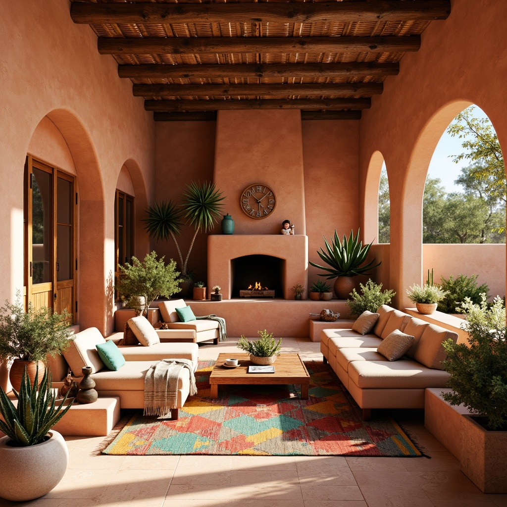 Prompt: Vibrant Southwestern interior, earthy terracotta walls, turquoise accents, sandy beige floors, woven textiles, geometric patterns, desert botanicals, warm golden lighting, rustic wooden furniture, adobe-style architecture, natural stone fireplaces, colorful kilim rugs, plush pillows, soft warm shadows, 1/1 composition, realistic renderings, ambient occlusion.Let me know if you need any adjustments!