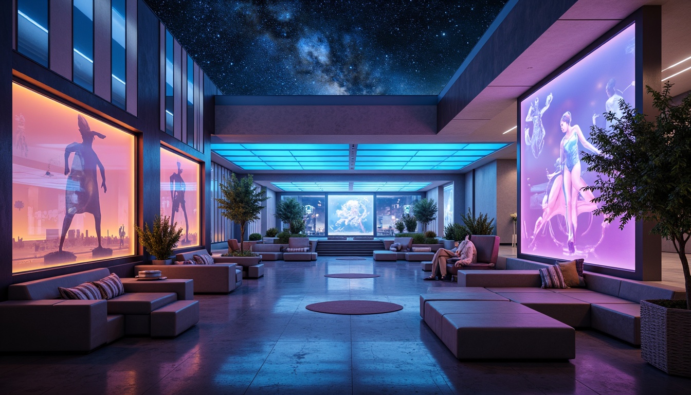 Prompt: Futuristic interior, neon lights, glowing accents, metallic surfaces, sleek lines, minimalist decor, holographic projections, LED installations, ambient luminescence, color-shifting walls, floor-to-ceiling windows, transparent roofs, starry night sky, soft misty atmosphere, low-key lighting, 3-point lighting, high-contrast shadows, cinematic mood, atmospheric soundscapes, futuristic furniture, levitating objects, iridescent colors, shimmering fabrics, holographic displays.