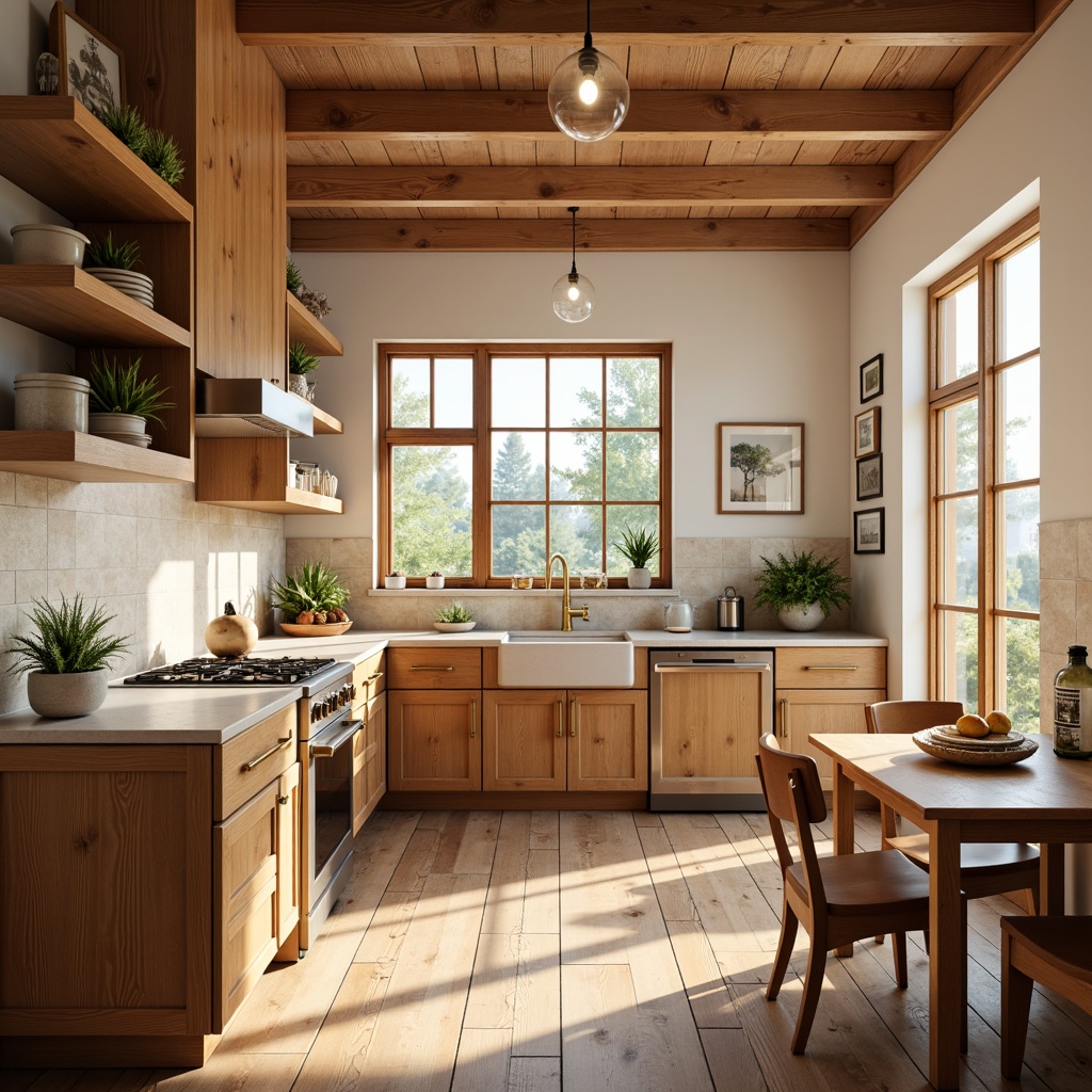 Prompt: Warm kitchen ambiance, earthy tones, creamy whites, rich wood cabinets, soft gold hardware, warm beige countertops, natural stone backsplash, rustic wooden floors, pendant lighting, cozy breakfast nook, large windows, sunny morning light, shallow depth of field, 1/1 composition, realistic textures, ambient occlusion.