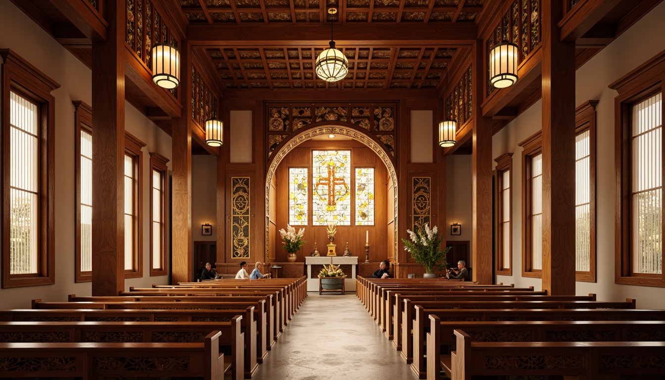 Prompt: \Traditional Asian-style church interior, ornate wooden accents, hand-carved panels, intricate patterns, warm golden lighting, soft diffused illumination, subtle shadows, ambient reverberation, absorption materials, sound-dampening technology, elegant curves, minimal ornamentation, natural wood tones, calming ambiance, peaceful atmosphere, gentle whispers, subtle echoes, Asian-inspired motifs, cultural heritage elements, serene worship space.\