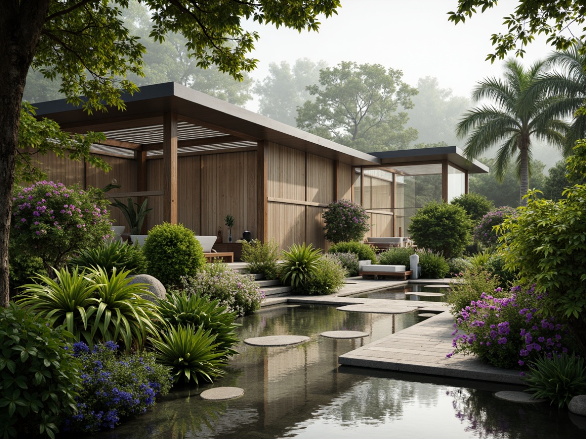 Prompt: Sleek Asian-style greenhouse, lush tropical plants, exotic flowers, natural wood accents, bamboo structures, sliding glass doors, minimal ornamentation, serene ambiance, soft diffused lighting, shallow depth of field, 1/1 composition, intimate focus, realistic textures, ambient occlusion, misty atmosphere, gentle breeze, peaceful retreat, Feng Shui principles, harmonious coexistence.