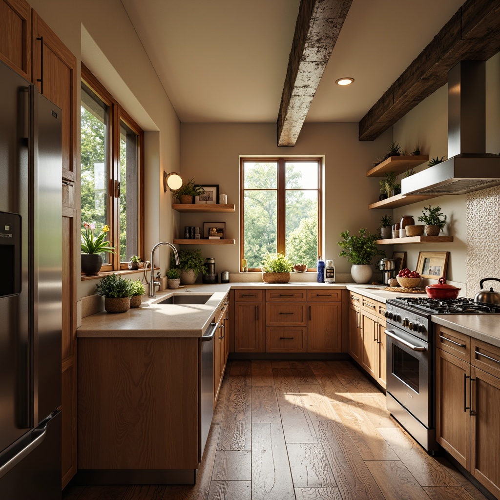 Prompt: Warm kitchen atmosphere, soft warm lighting, earthy tone cabinetry, creamy white countertops, rich wooden flooring, stainless steel appliances, vibrant greenery, natural stone backsplash, modern minimalist design, industrial chic accents, bold red decor, deep blue undertones, golden hardware, matte black fixtures, subtle texture contrasts, 1/1 composition, realistic rendering.