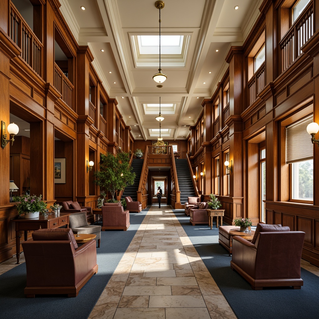 Prompt: Historic courthouse interior, rich wood accents, ornate details, stately columns, grand staircases, sophisticated furnishings, earthy tone palette, warm beige walls, deep blue carpets, rich walnut furniture, golden lighting fixtures, soft cream ceilings, elegant marble floors, subtle texture patterns, realistic materials, ambient occlusion, 1/1 composition, medium shot, natural warm lighting.