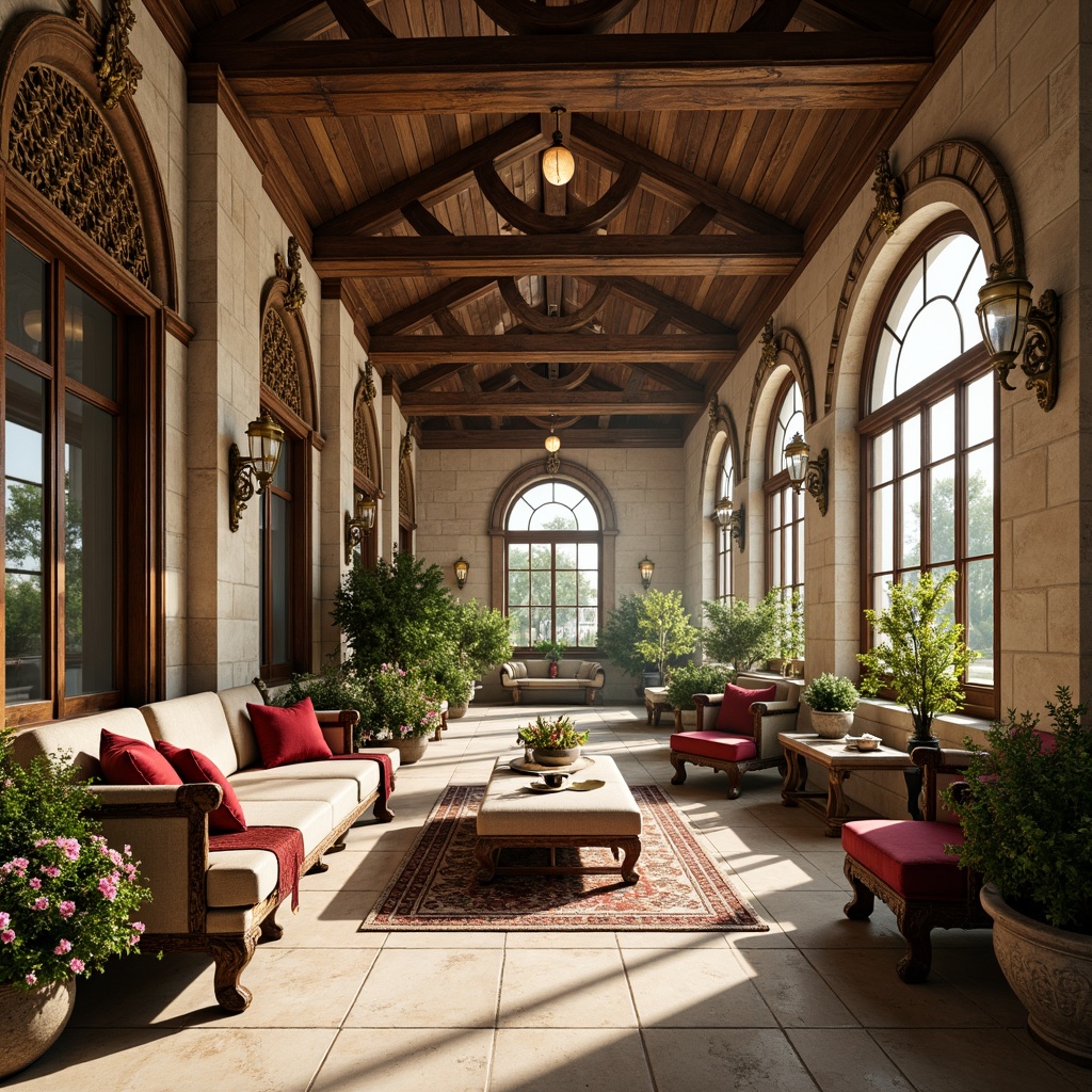 Prompt: Grand sunroom, high ceilings, ornate moldings, Renaissance-inspired architecture, natural stone floors, large windows, stained glass doors, soft warm light, diffused sunlight, lush greenery, blooming flowers, comfortable seating areas, velvet upholstery, golden accents, intricate carvings, rustic wooden beams, ambient occlusion, shallow depth of field, 1/1 composition, realistic textures, warm color palette, inviting atmosphere.