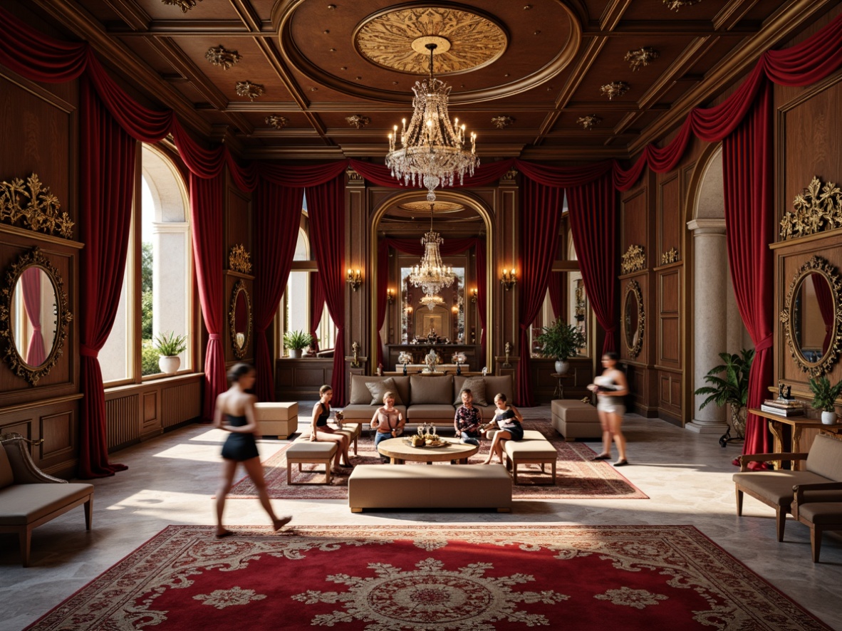 Prompt: Luxurious fitness studio, Renaissance-inspired architecture, ornate wooden accents, velvet drapes, rich brocade fabrics, intricate embroidery patterns, regal crimson reds, gilded frames, polished marble floors, ornamental mirrors, crystal chandeliers, soft warm lighting, 1/1 composition, shallow depth of field, realistic textures, ambient occlusion.