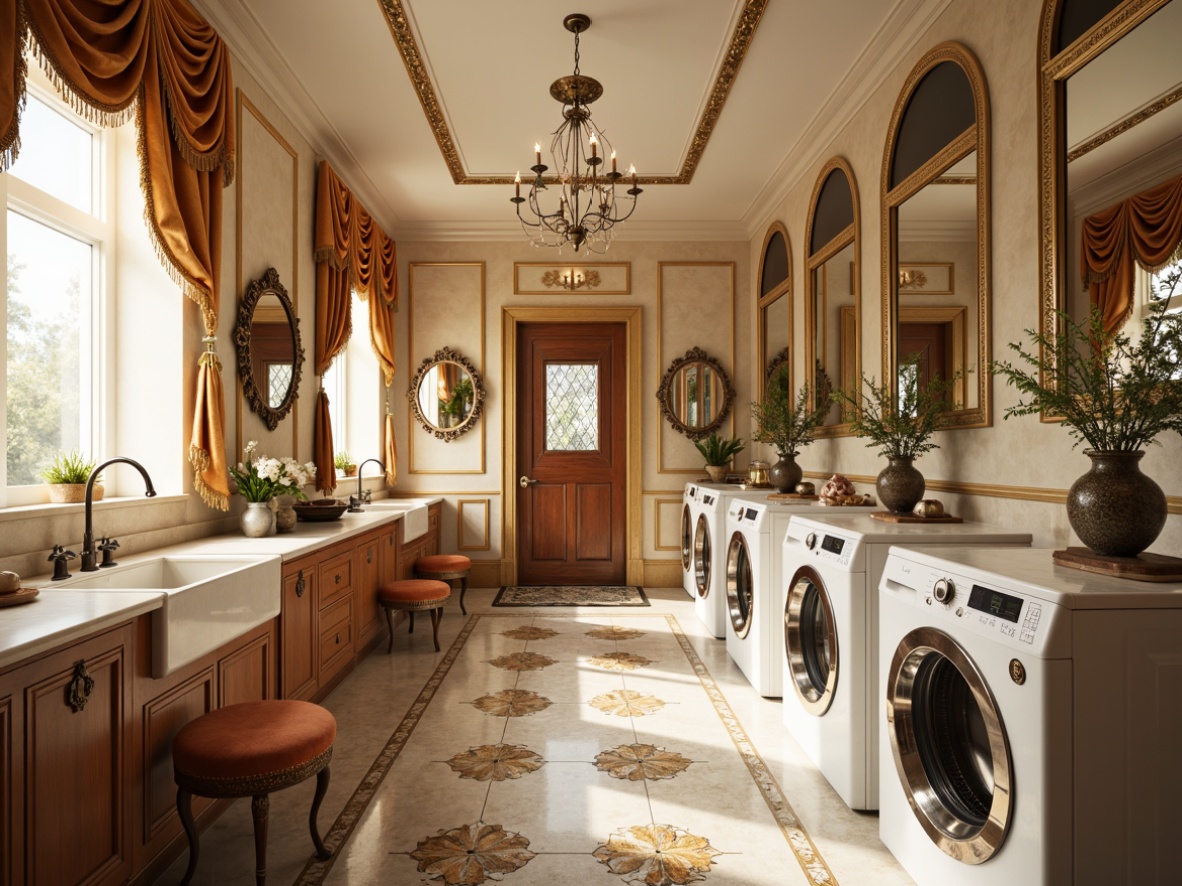 Prompt: Ornate laundry room, soft golden lighting, delicate floral patterns, curved wooden cabinets, intricately carved furniture legs, velvet upholstery, gilded metal accents, ornamental mirrors, Rococo-inspired decorative motifs, pastel color palette, luxurious fabrics, lavish drapery, crystal chandeliers, opulent marble countertops, antique bronze fixtures, elegant script typography, 3/4 composition, shallow depth of field, soft focus, warm color tone.