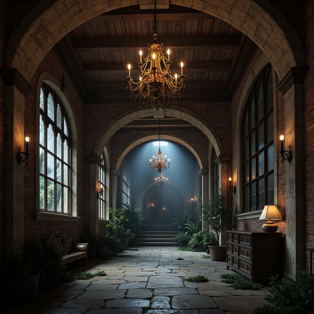 Prompt: Intricate stone archways, grandiose Gothic-style chandeliers, vaulted ceilings, ornate wooden paneling, stained glass windows, dimly lit corridors, mysterious alcoves, rustic brick walls, medieval-inspired furniture, worn stone floors, eerie shadows, dramatic spot lighting, 1/2 composition, low-key colors, mystical atmosphere, foggy mist effect.