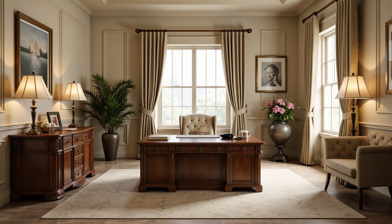 Prompt: Elegant home office, classicism style, rich wood furniture, ornate carvings, cream-colored walls, soft beige carpet, traditional desk lamp, bronze metal fixtures, warm white lighting, linen shades, frosted glass diffusers, subtle ambient glow, 1/1 composition, shallow depth of field, realistic textures, ambient occlusion.