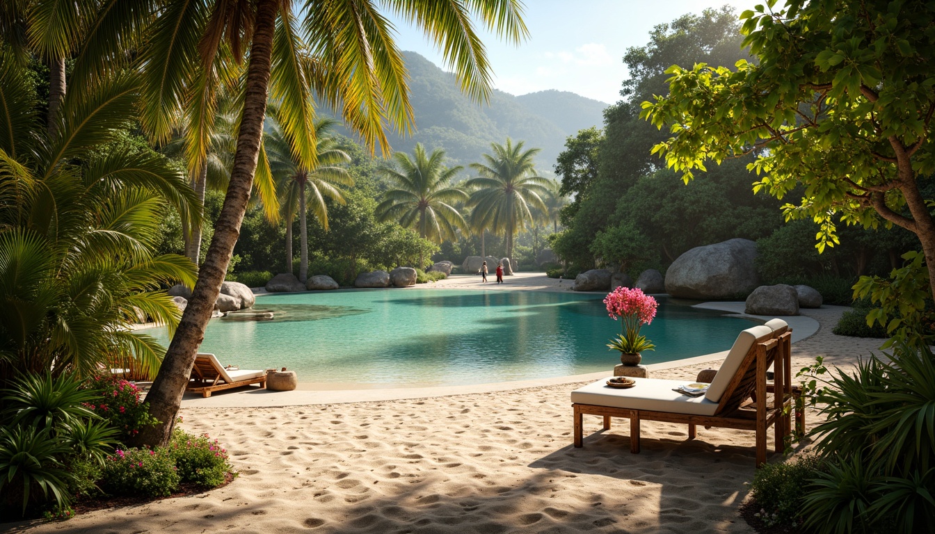 Prompt: Vibrant tropical foliage, warm sandy beach, clear turquoise water, swaying palm trees, exotic flowers, colorful tiki torches, woven rattan furniture, natural wood accents, soft misty atmosphere, warm golden lighting, subtle backlighting, shallow depth of field, 1/2 composition, realistic textures, ambient occlusion.