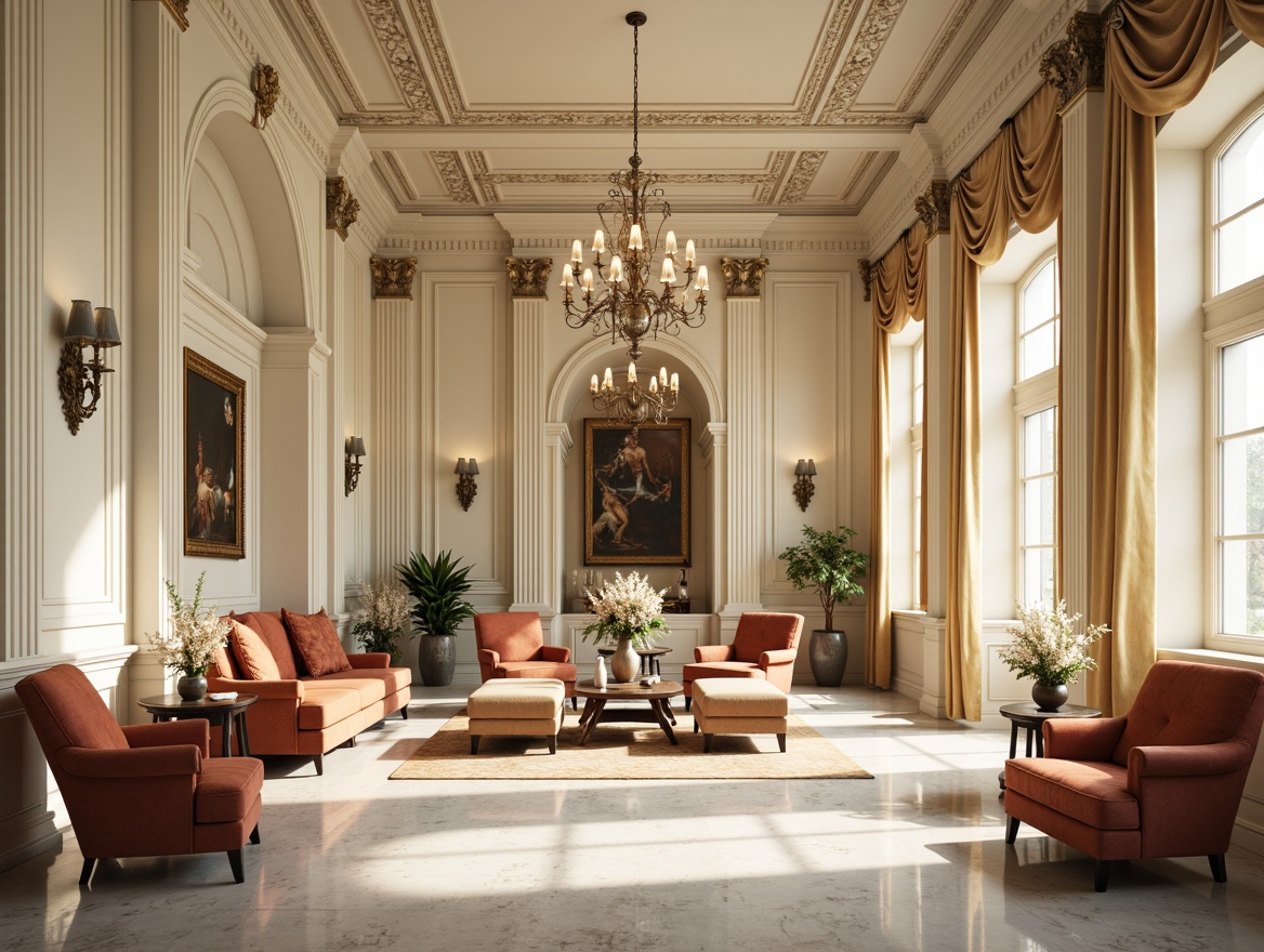 Prompt: Elegant interior space, refined molding details, ornate plasterwork, subtle Greek key patterns, intricate floral motifs, soft cream walls, polished marble floors, luxurious velvet fabrics, antique furniture pieces, crystal chandeliers, dramatic ceiling heights, natural light pouring in, warm golden lighting, shallow depth of field, 2/3 composition, symmetrical balance, realistic textures, ambient occlusion.