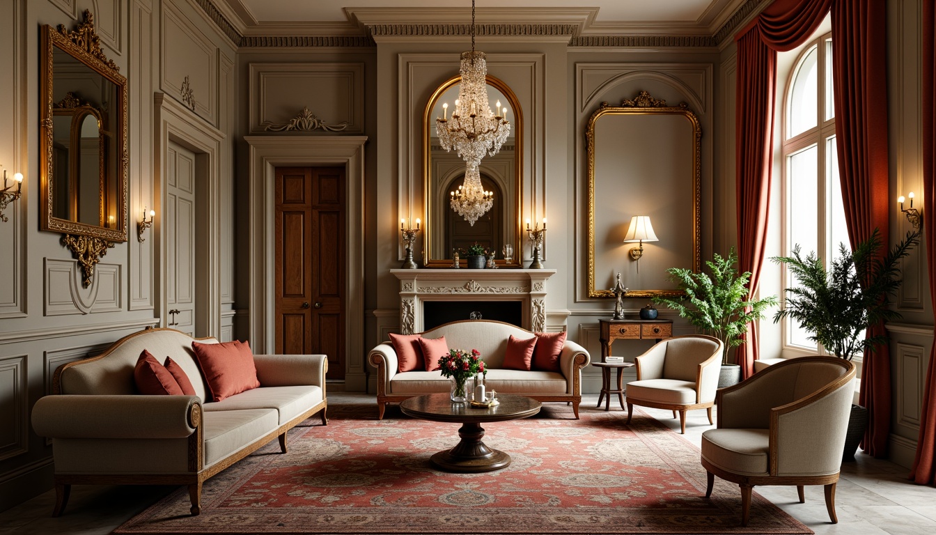 Prompt: Elegant neoclassical interior, ornate furniture pieces, intricately carved wooden legs, plush velvet upholstery, gilded frames, crystal chandeliers, richly patterned rugs, marble flooring, grandiose mirrors, luxurious drapery, subtle color palette, warm golden lighting, dramatic archways, symmetrical composition, refined textures, subtle ambient occlusion.