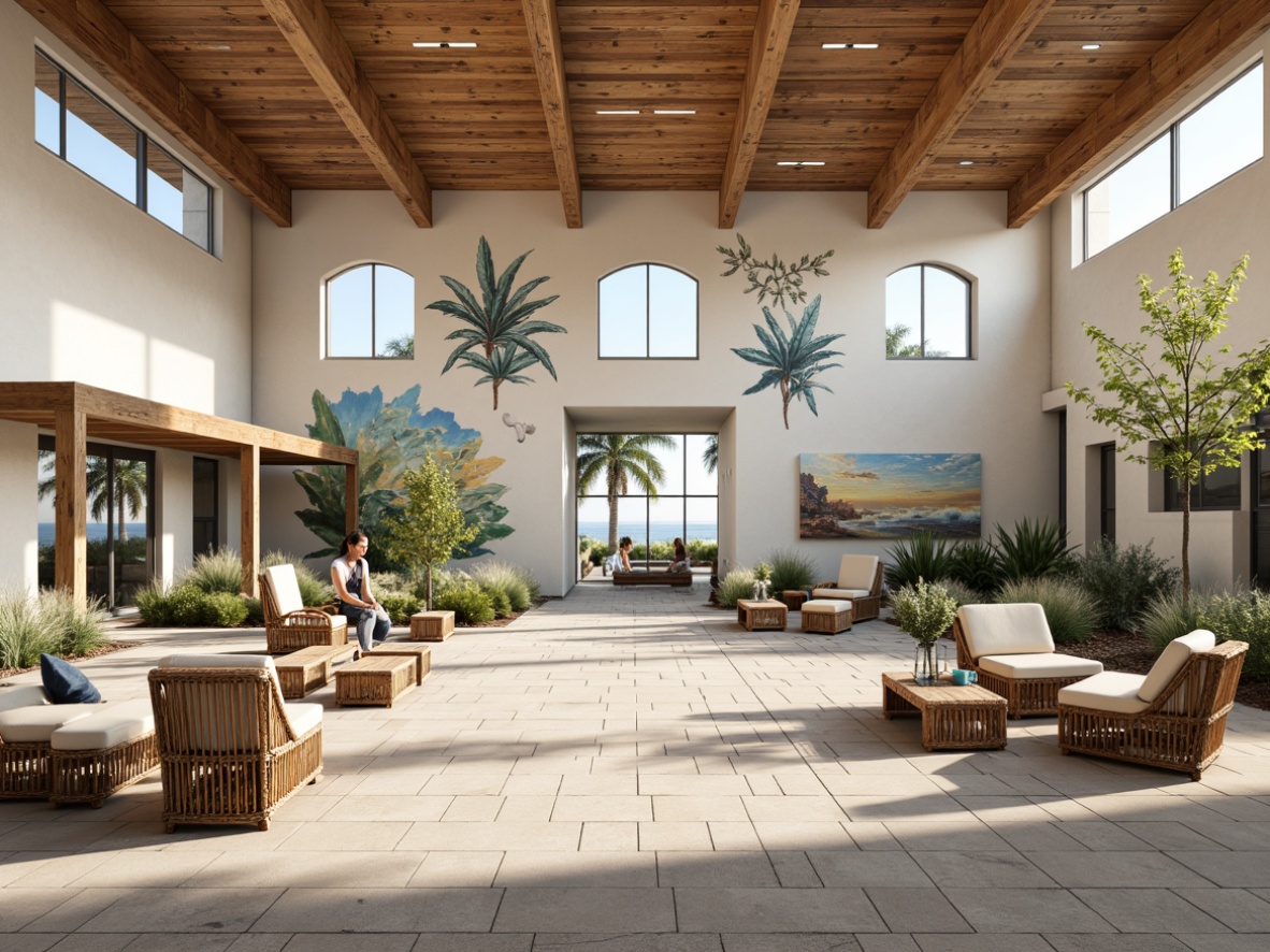 Prompt: Coastal community center, open airy spaces, natural light-filled atriums, reclaimed wood accents, beachy color palette, wavy line patterns, driftwood-inspired furniture, nautical rope details, ocean-view windows, sliding glass doors, outdoor patio areas, seaside-themed murals, coral-inspired sculptures, soft sandy textures, warm sunny lighting, shallow depth of field, 1/1 composition, realistic renderings, ambient occlusion.Please let me know if this meets your expectations!