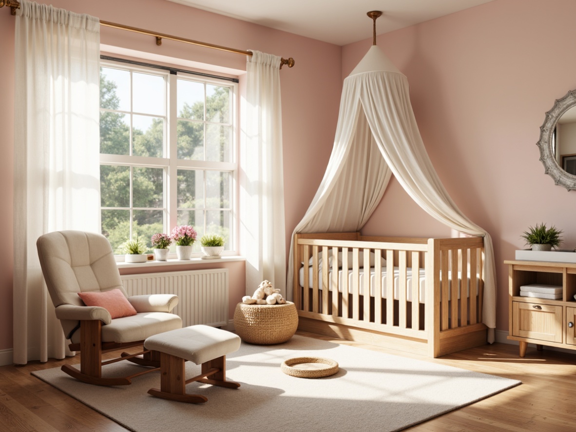 Prompt: Cozy nursery, soft pastel colors, plush toys, crib with canopy, changing station, comfortable glider, storage ottoman, natural wood furniture, warm beige carpet, gentle morning light, subtle shadows, 1/1 composition, intimate atmosphere, realistic textures, ambient occlusion.